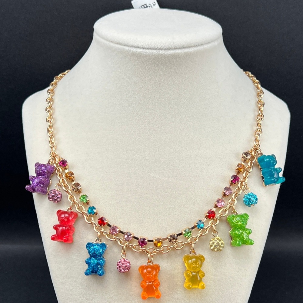 Betsey Johnson Gummy Bear Charm Necklace Rainbow Gold Tone Rhinestone